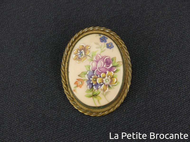 Broche Ancienne Limoges - Marquise Porcelaine Barbotine Grand Feu